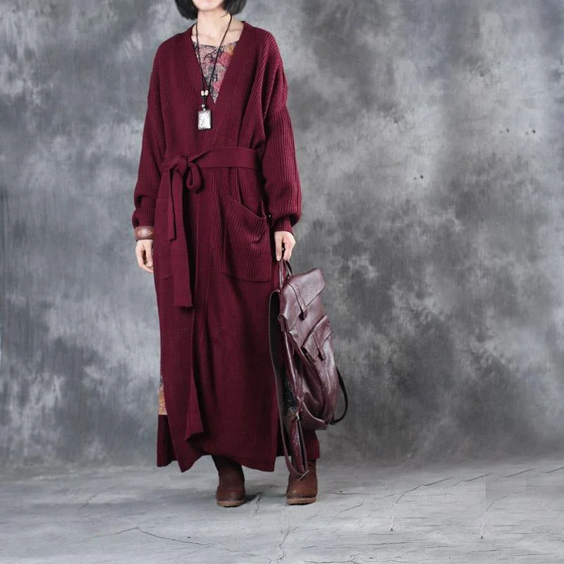 Long casual sweater cardigans plus size pockets tie waist knit trench coat