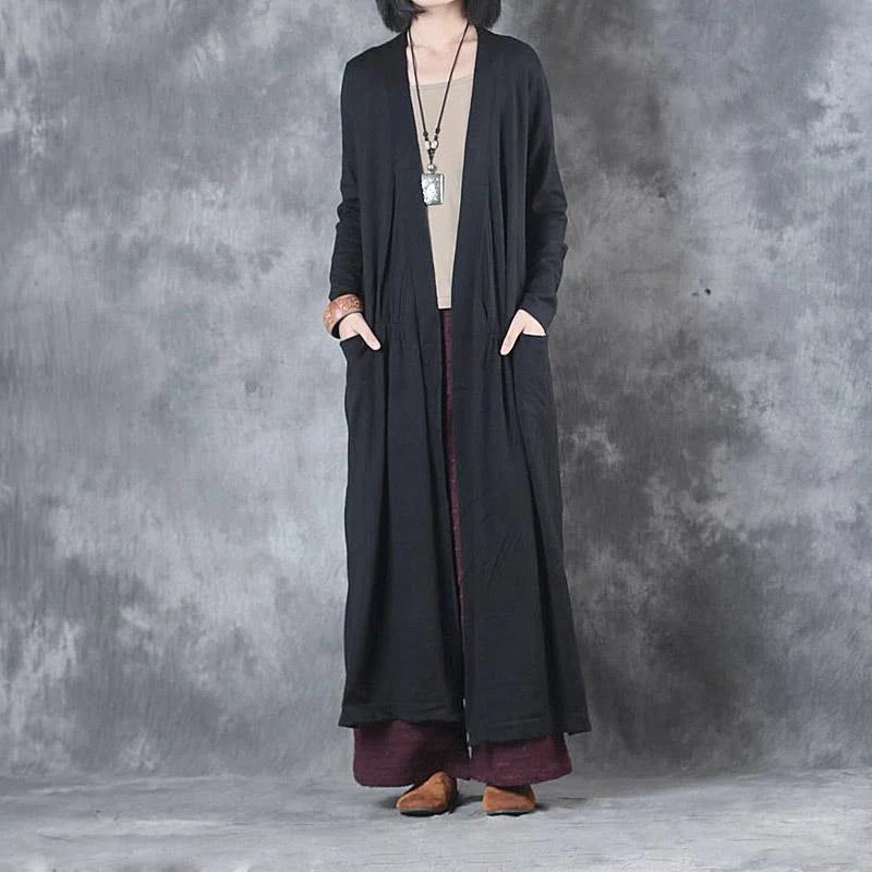 new black side open knit coats loose long sleeve v neck wrap coats