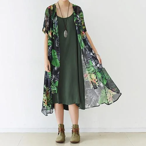 new green prints chiffon silk dresses plus size maxi dress short sleeve cardigans