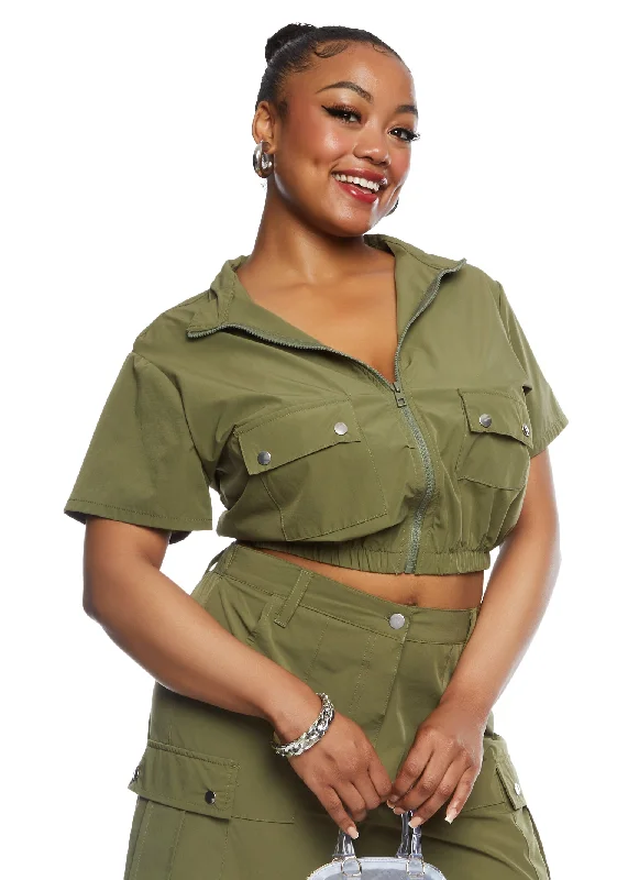 Plus Size Cargo Pocket Zip Front Crop Top