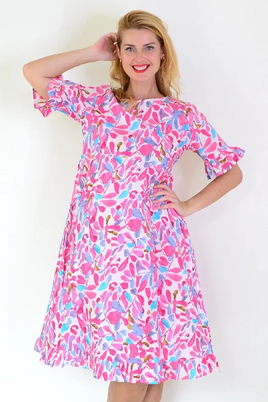 Pink Blue Leaves Print Summer Dress