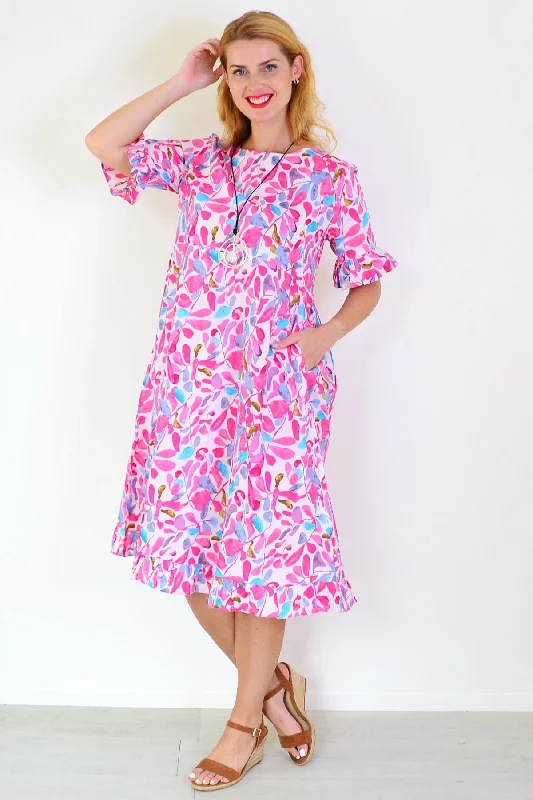 Pink Blue Leaves Print Summer Dress