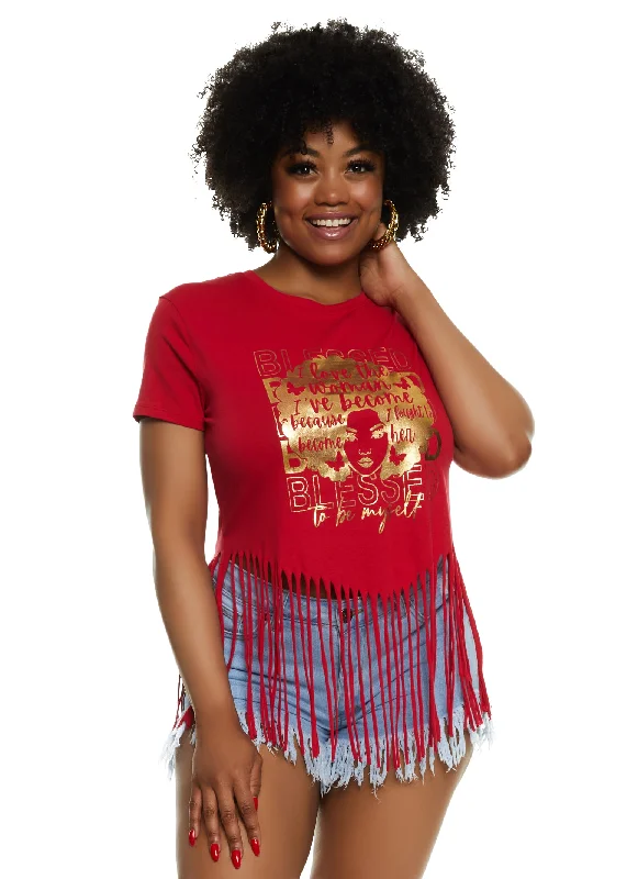 Plus Size Fringe Blessed To Be Myself Foil Graphic Tee