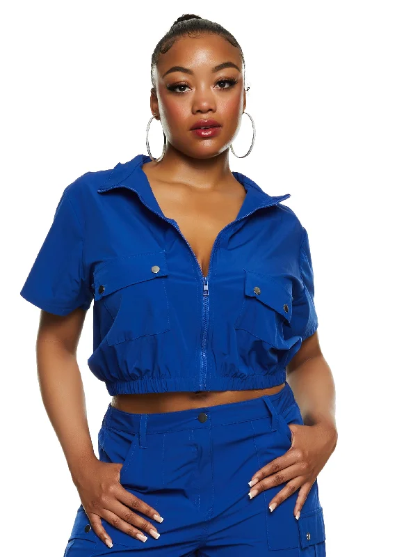 Plus Size Cargo Pocket Zip Front Crop Top