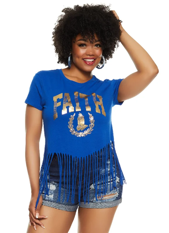 Plus Size Fringe Hem Faith Foil Graphic T Shirt