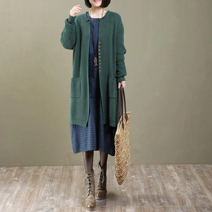 vintage green V neck knit cardigans long sweater coats