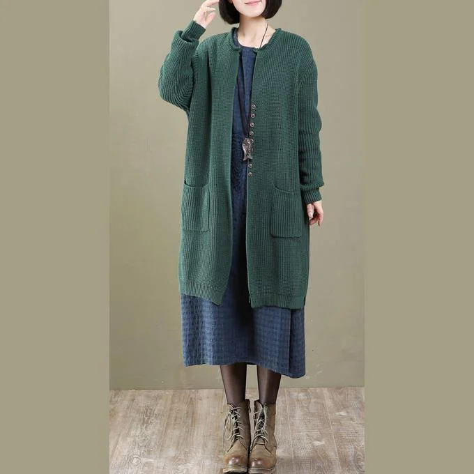 vintage green V neck knit cardigans long sweater coats