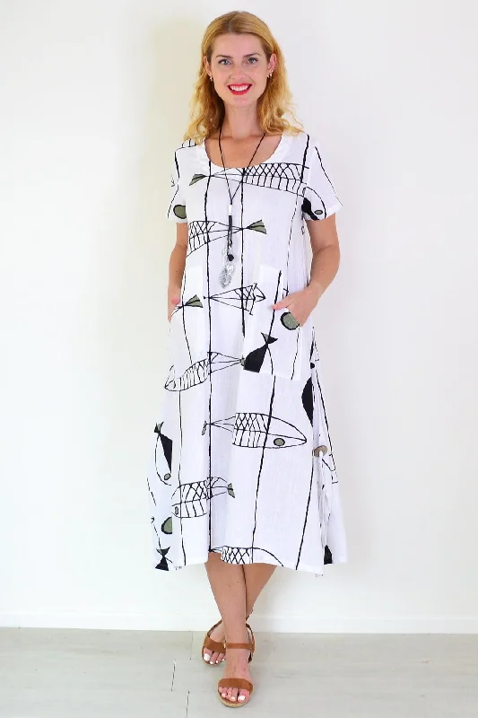 White Linen Cotton Print Tunic Dress