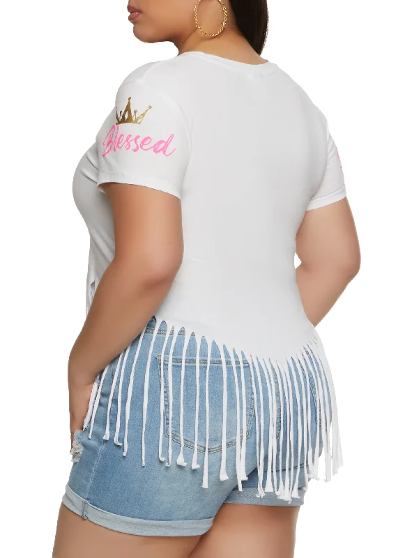 Plus Size Always And Forever Blessed Graphic Fringe Tee