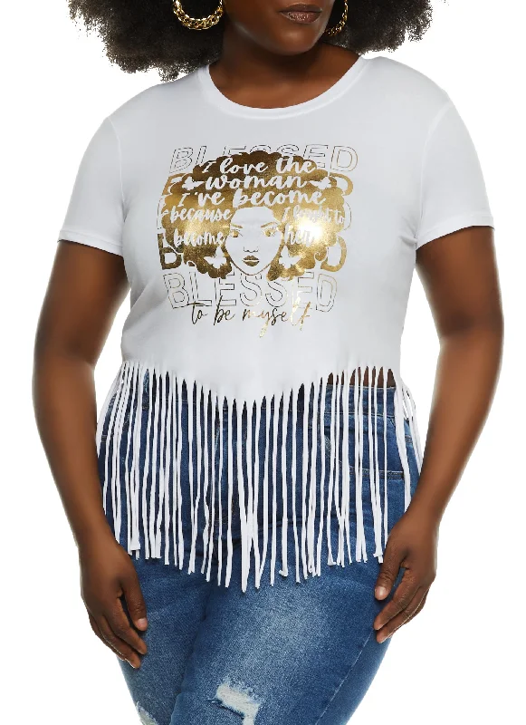 Plus Size Fringe Blessed To Be Myself Foil Graphic Tee