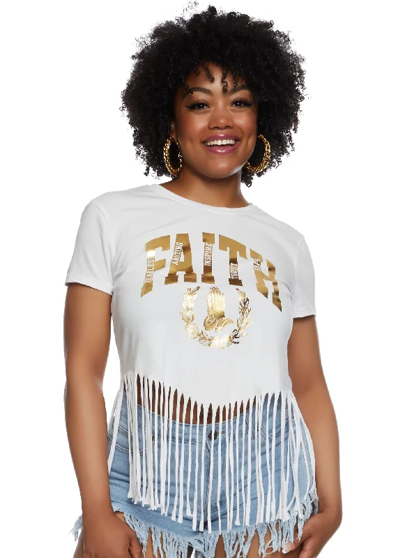 Plus Size Fringe Hem Faith Foil Graphic T Shirt