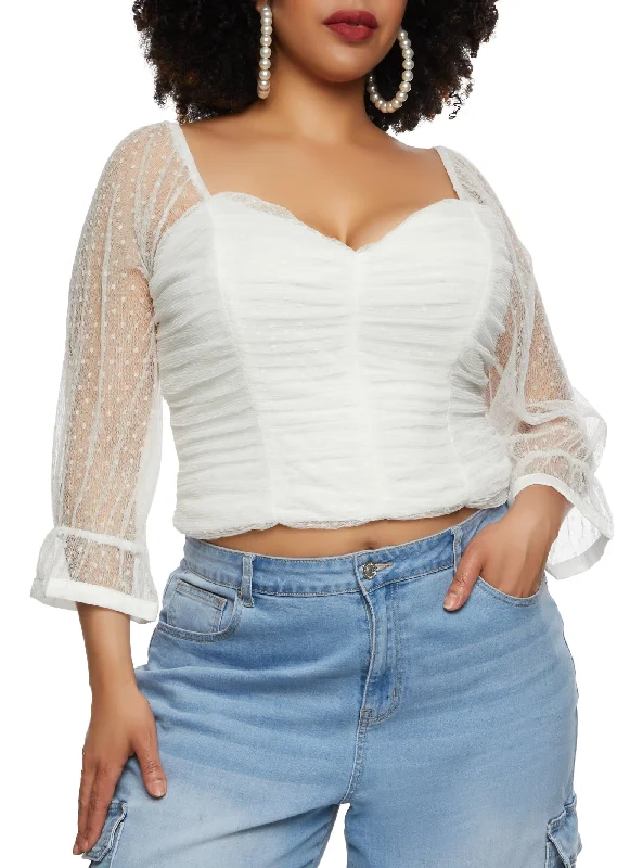 Plus Size Haute Monde Mesh Swiss Dot Ruched Top