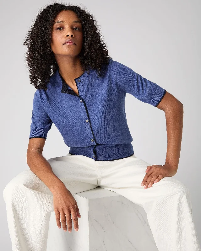 Women's Cotton Cashmere Short Sleeve Cardigan Denim Blue