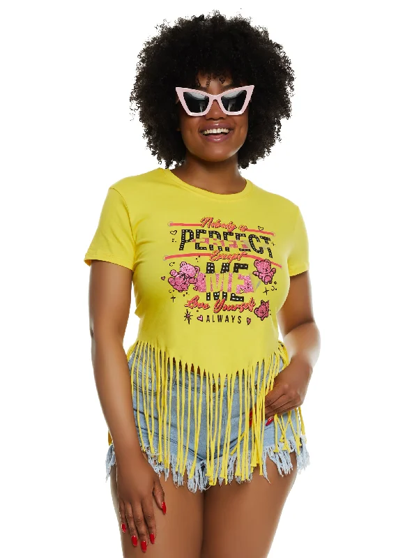 Plus Size Nobody Is Perfect Except Me Graphic Glitter Fringe Tee