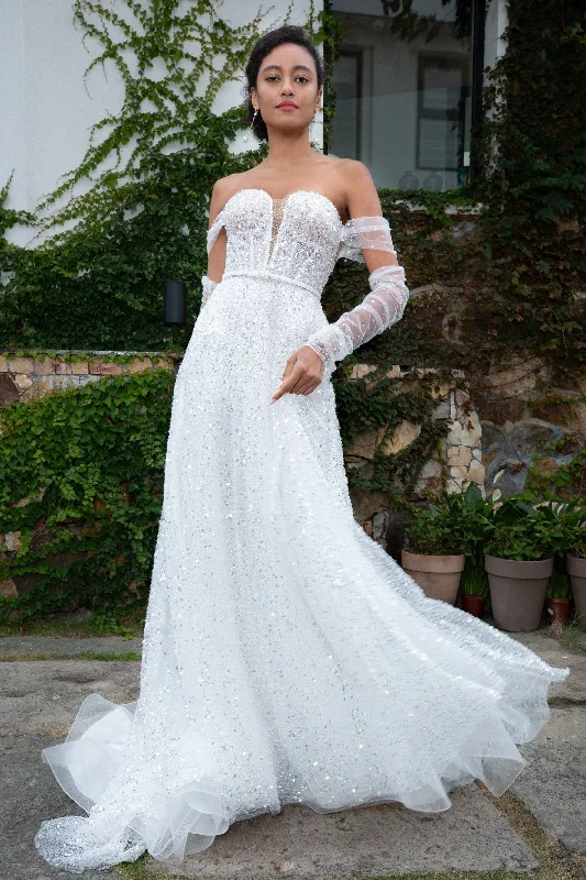 A-Line Court Train Sequined Wedding Dress CW2381