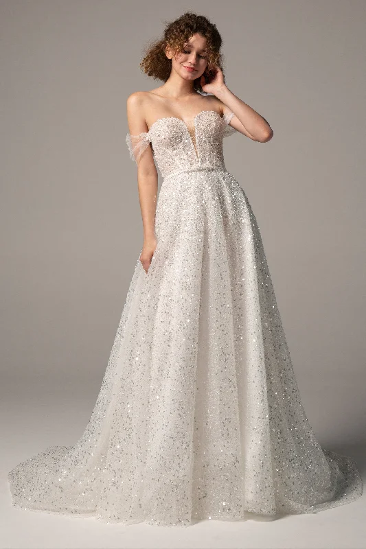 A-Line Court Train Sequined Wedding Dress CW2381