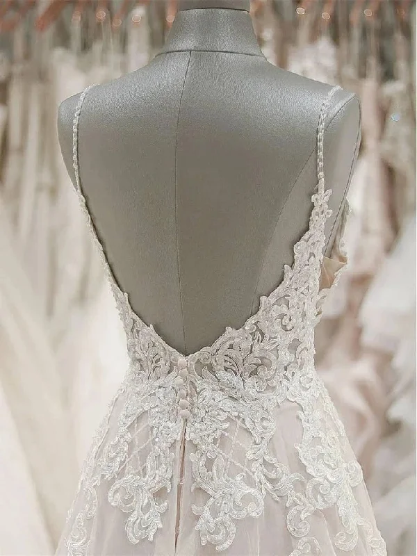 A Line Spaghetti Straps V-Neck Beach Wedding Dresses Appliqued Tulle Bridal Dresses N2021