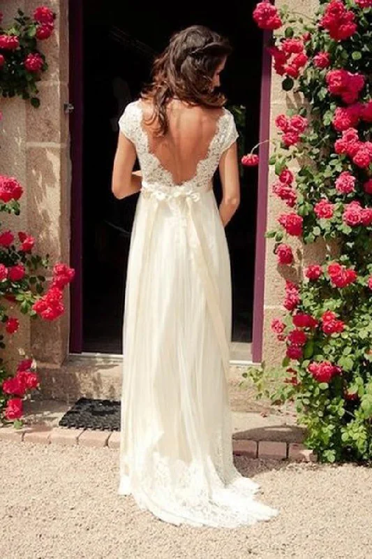 A Line V-neck Cap Sleeves Sweep Train Backless Wedding Dresses With Sash