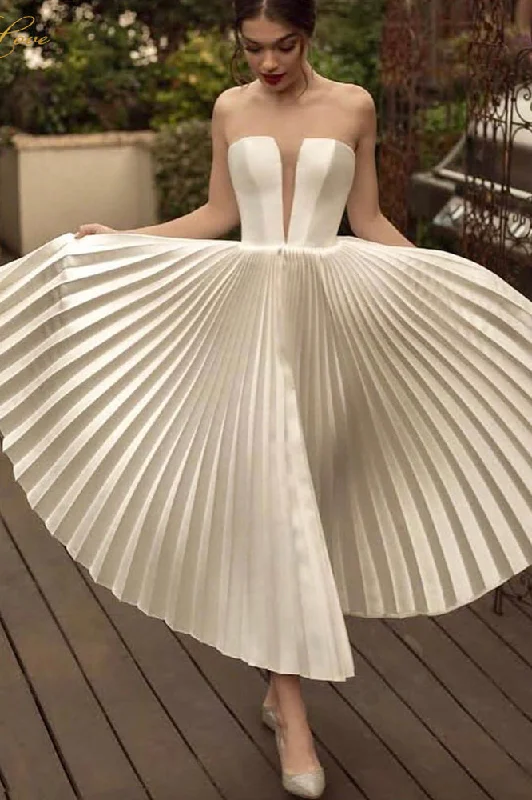 Ankle Length Strapless Wedding Dresses Ivory Pleats Beach Wedding Dresses N2276