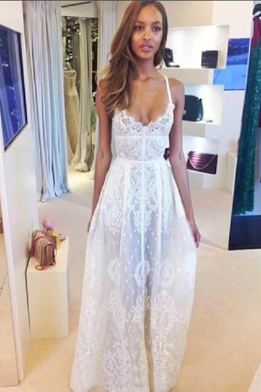 Boho Spaghetti Straps V-Neck Lace Beach Wedding Dress N632