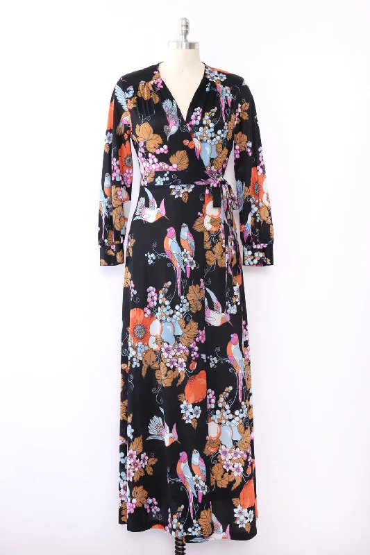 Botanical Bird Print Wrap Robe Dress M