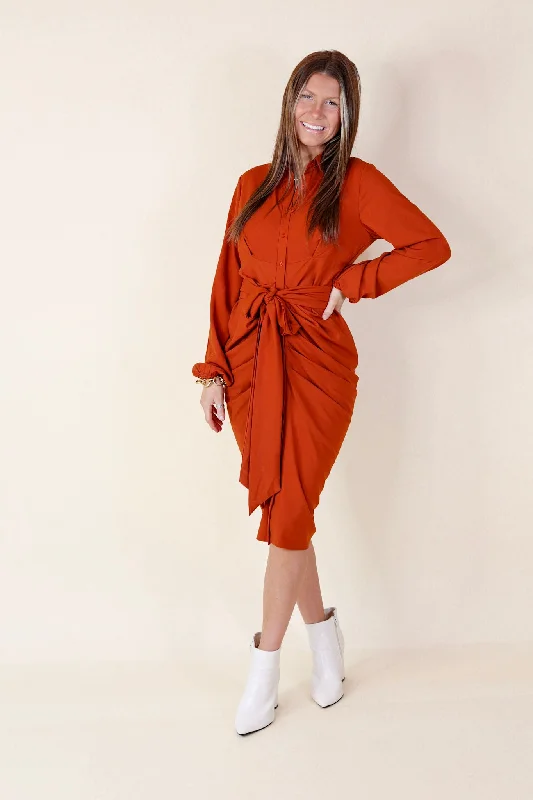 Last Chance Size Small & Medium | Heart On The Line Button Up Ruched Front Midi Dress with Waist Tie in Rust Orange