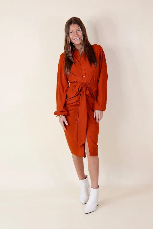 Last Chance Size Small & Medium | Heart On The Line Button Up Ruched Front Midi Dress with Waist Tie in Rust Orange