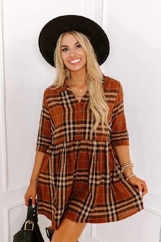 Cheery Mood Plaid Tunic Dress in Dark Camel