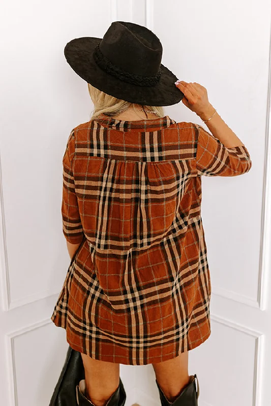 Cheery Mood Plaid Tunic Dress in Dark Camel