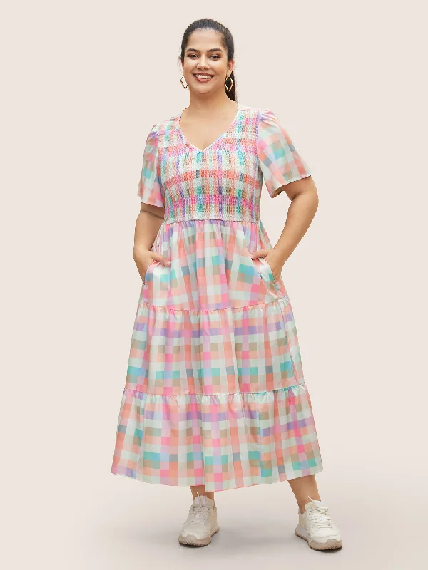 Colored Gingham Shirred Elastic Waist Maxi Dress