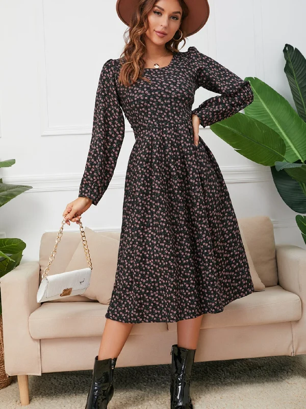 MegaBetty - Knit Rib Puff Sleeve Flare Dress