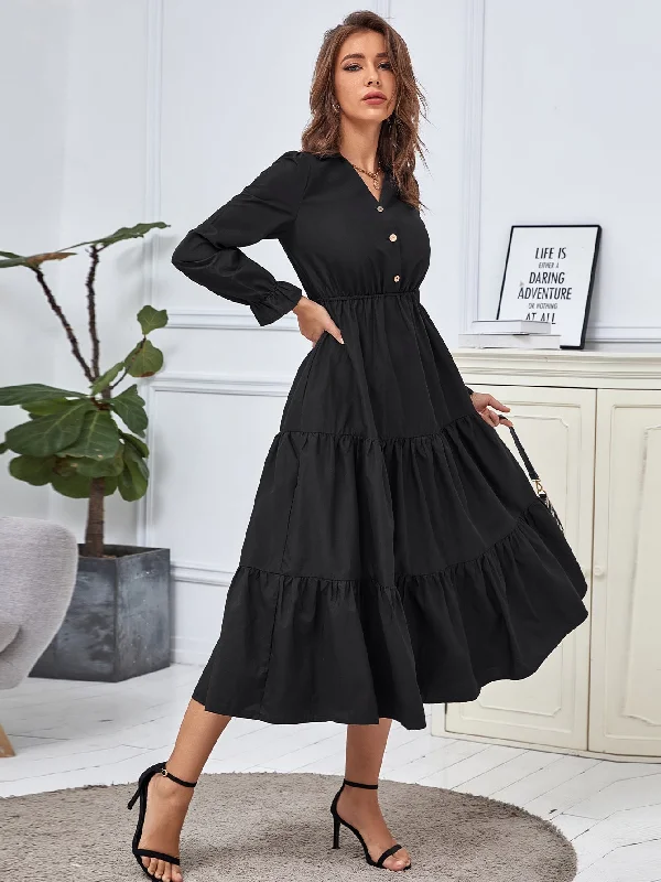 MegaBetty - Black Button Detail Ruffle Hem Dress