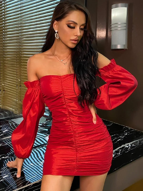 MegaBetty - Off Shoulder puff sleeve Ruched Bodycon sexy party Dress