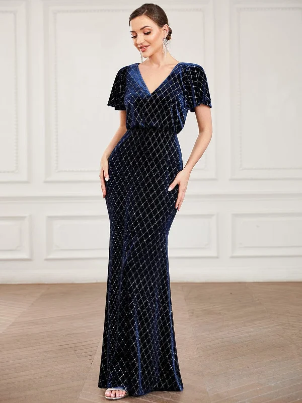 V Neck Fishtail Evening Gown with Short Ruffled Sleeves