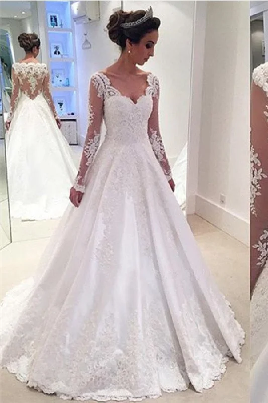 A Line Elegant V-Neck Long Sleeves Lace Appliques Wedding Dress