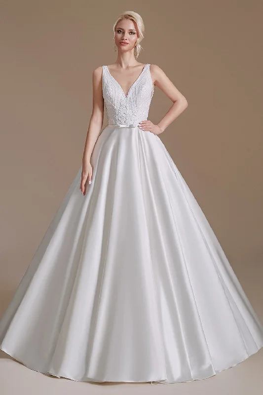 Elegant Long A-Line Sleeveless Satin Wedding Dress