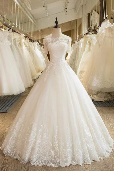 Floor Length Puffy Wedding Dresses Off-the-shoulder Ball Gown Lace Ivory Bridal Gown N1255