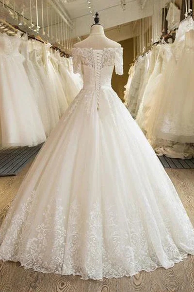 Floor Length Puffy Wedding Dresses Off-the-shoulder Ball Gown Lace Ivory Bridal Gown N1255