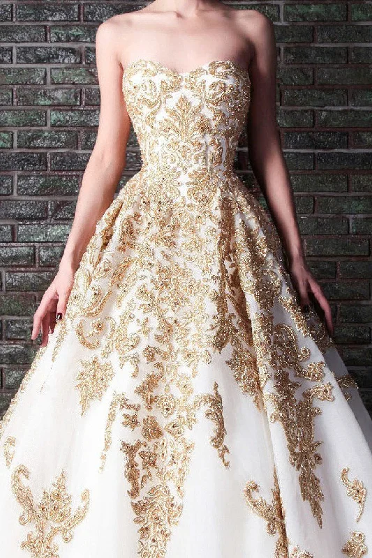 Gorgeous Sweetheart with Gold Beading Appliques Tulle Wedding Dresses N1454