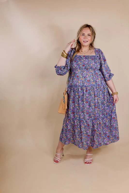 Last Chance Size Medium | Spring Blooms Smocked Floral Maxi Dress in Blue