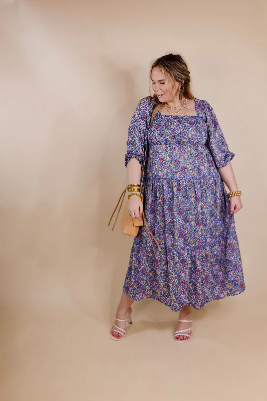 Last Chance Size Medium | Spring Blooms Smocked Floral Maxi Dress in Blue