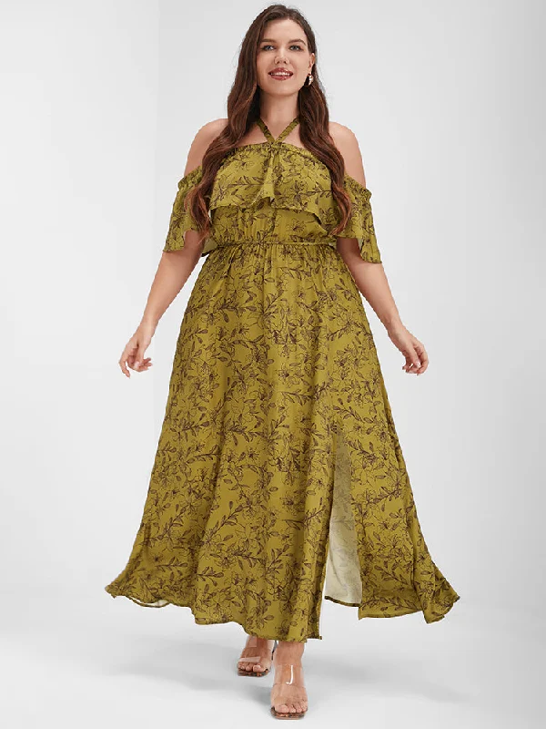 Bloom Dress - Floral Print Halter Off Shoulder Split Maxi Dress