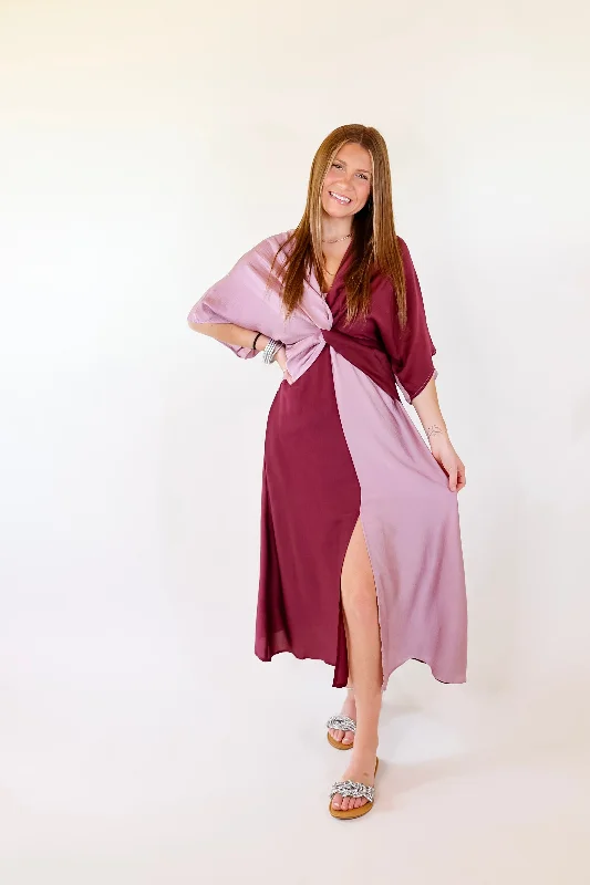 Take My Breath Away Front Knot Color Block Midi Dress in Purple Mix