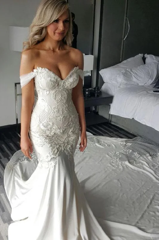 Gorgeous Mermaid Off the Shoulder Wedding Dresses with Lace Appliques Pearls N2497