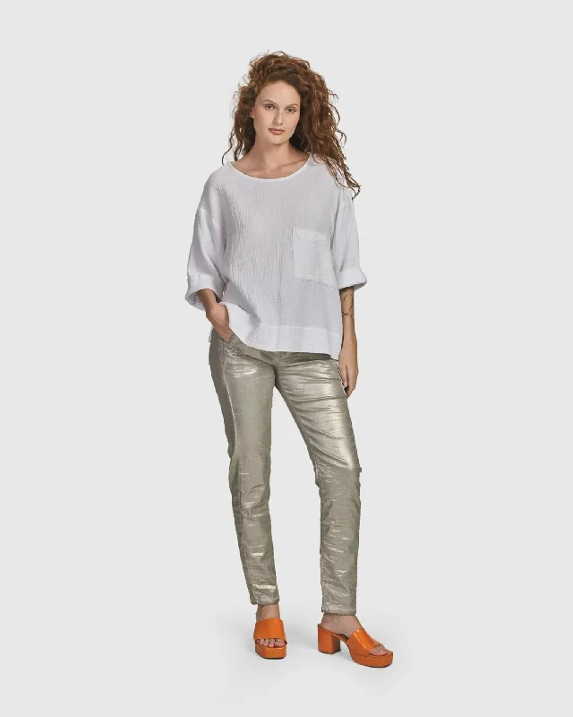 Iconic Stretch Jeans, Metallic Luster