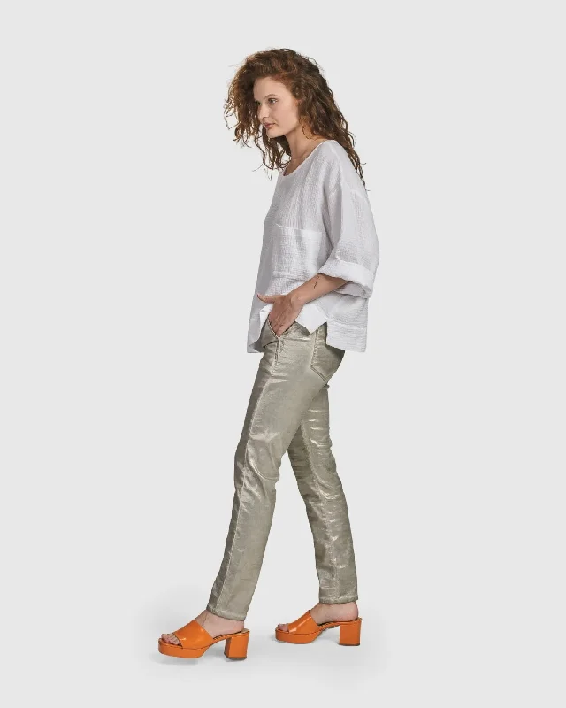 Iconic Stretch Jeans, Metallic Luster