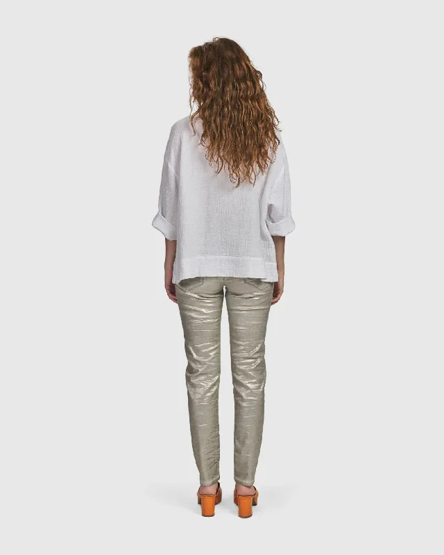 Iconic Stretch Jeans, Metallic Luster