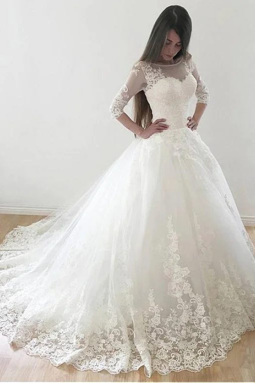 Ivory Puffy Half Sleeves Long Wedding Dresses Vintage Tulle Bateau Appliques Bridal Dresses N1384