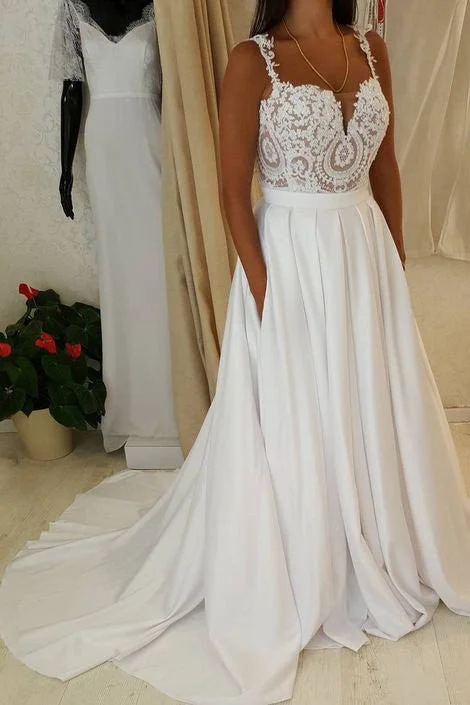 Ivory Spaghetti Strap Lace Top Wedding Dresses A Line Sweetheart Beach Wedding Dresses