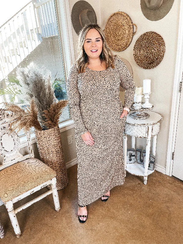 Last Chance Size Small | Downtown Spotlight Long Sleeve Dotted Babydoll Maxi Dress in Beige